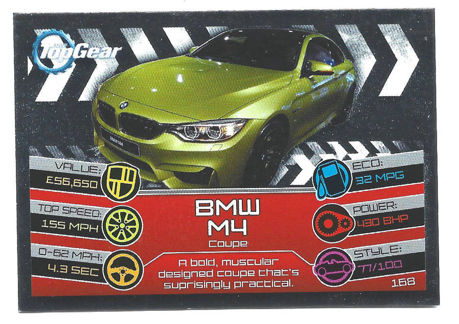 BMW M4 - TOPPS BBC TOP GEAR `TURBO ATTAX 2014/15 - RARE FOIL TRADING CARD 168
