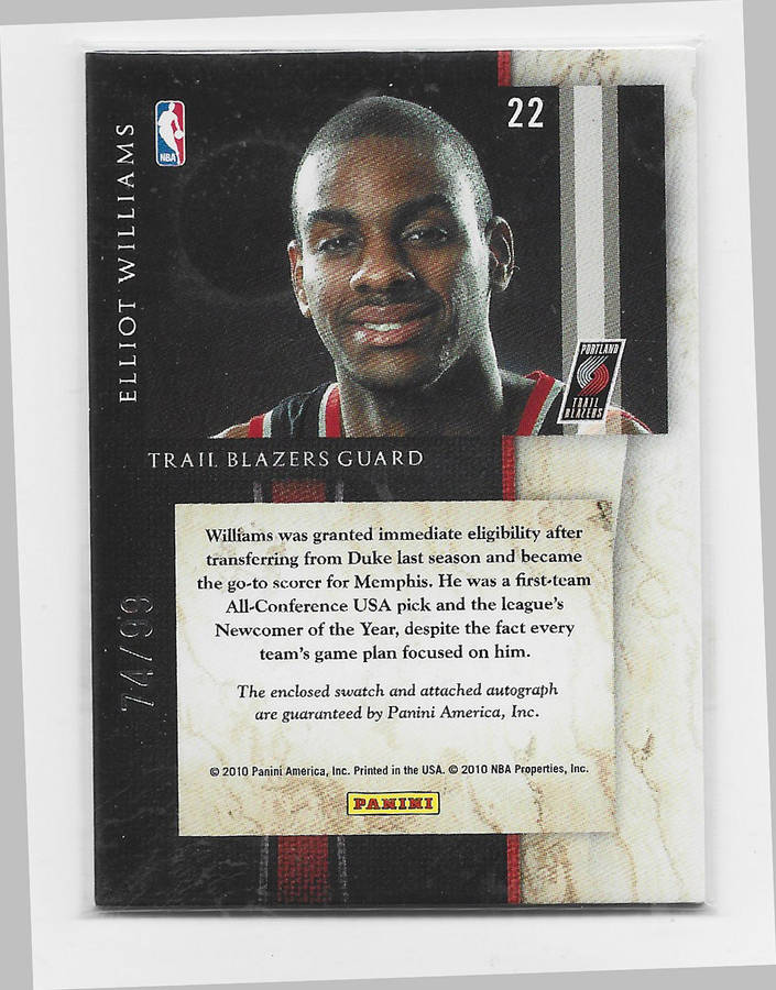 ELLIOT WILLIAMS -  PANINI NBA 2010  "AUTOGRAPH RELIC FIBERS"  TRADING CARD 74 of 99