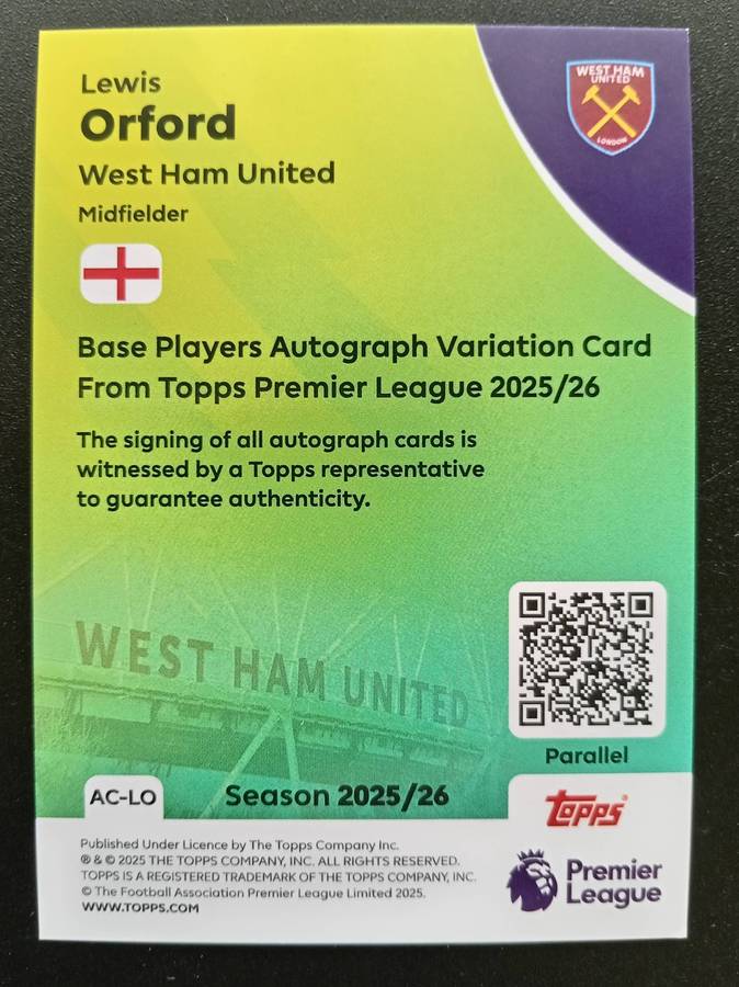 LEWIS ORFORD - TOPPS Premier League Premium 2025/26  - ROOKIE  Certified Autograph Card 27 of 50