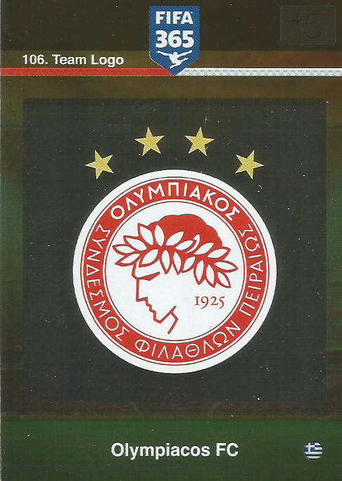 OLYMPIAKOS FC - PANINI "FIFA 365" 2016 COLLECTION - FOIL "CLUB BADGE" TRADING CARD 106
