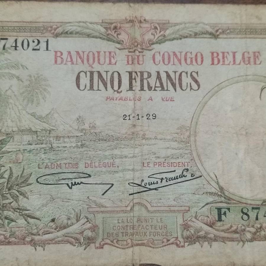 RARE BELGIAN CONGO 5 FRANK BANK NOTE.