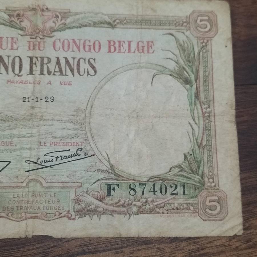 RARE BELGIAN CONGO 5 FRANK BANK NOTE.
