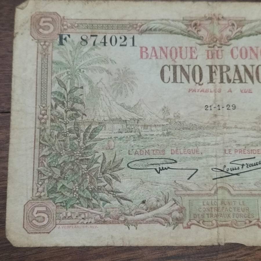 RARE BELGIAN CONGO 5 FRANK BANK NOTE.