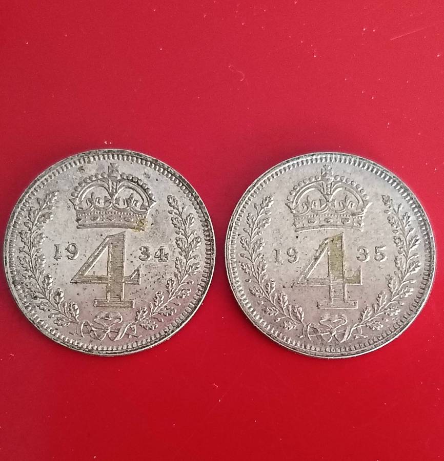 BRITISH MAUNDY COINS, 4D, 1934 AND 1935. RARE MINT CONDITION.
