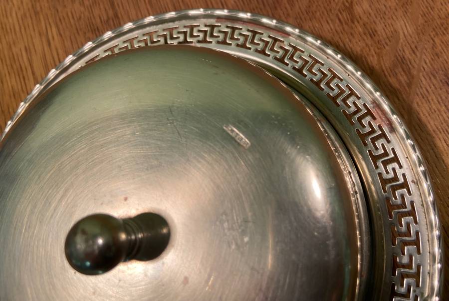 EPNS butterdish with glass liner by P.F.J. Initials Maker - VINTAGE