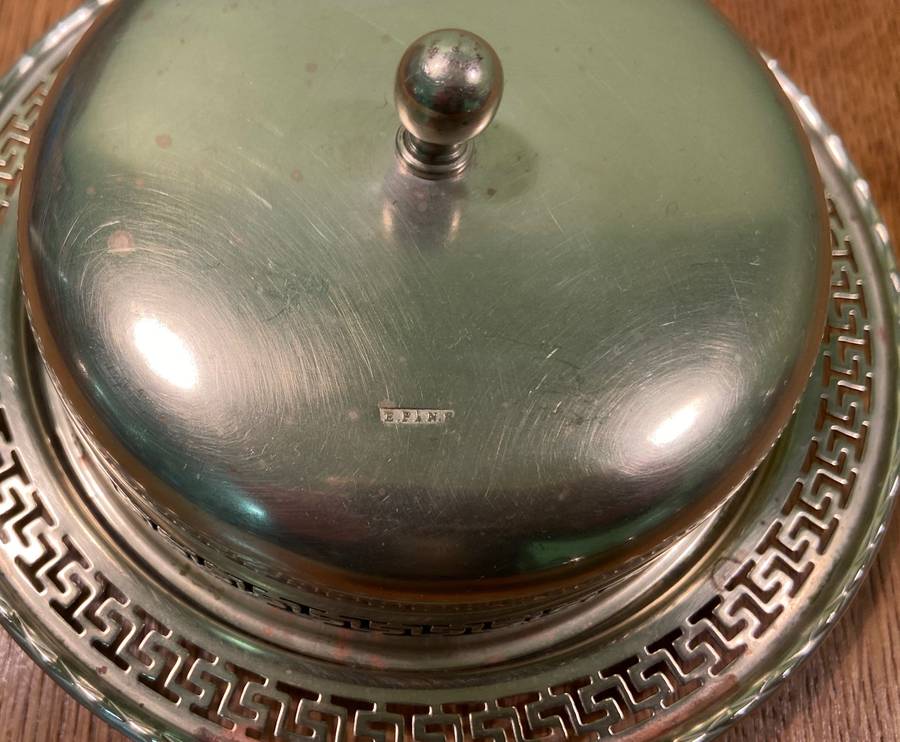 EPNS butterdish with glass liner by P.F.J. Initials Maker - VINTAGE