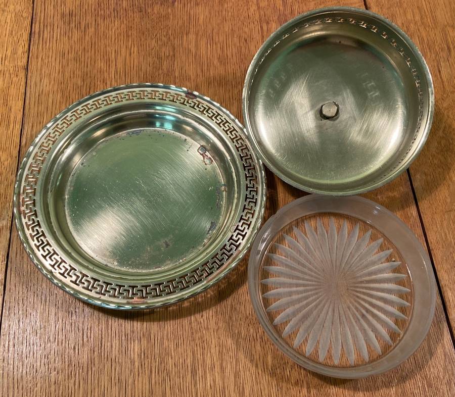 EPNS butterdish with glass liner by P.F.J. Initials Maker - VINTAGE