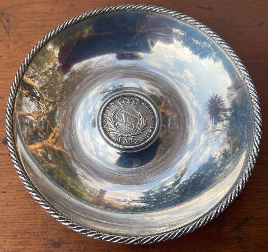 800 SWISS TEZLER SILVER  (no. 3567)  SWITZERLAND CANTON BERN COIN DISH / BOWL 5 Baht coin - 78.4g