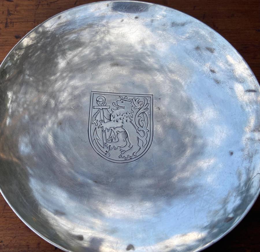 GERMAN 835 SILVER ROUND BOWL DISH  - Düsseldorf Coat of Arms - GRIMMINGER - 106.9g
