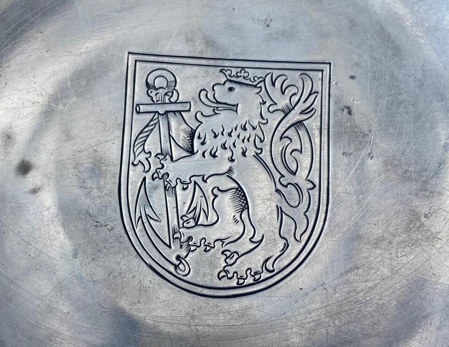 GERMAN 835 SILVER ROUND BOWL DISH  - Düsseldorf Coat of Arms - GRIMMINGER - 106.9g