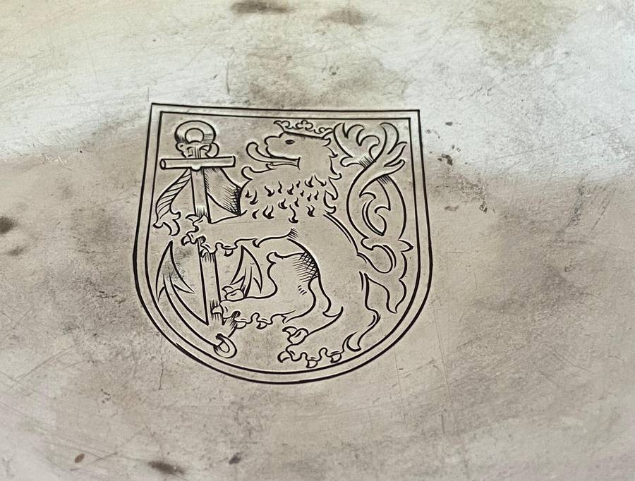 GERMAN 835 SILVER ROUND BOWL DISH  - Düsseldorf Coat of Arms - GRIMMINGER - 106.9g