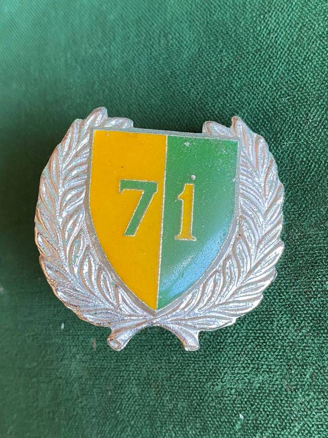 71 MOTORISED BRIGADE HQ CHROME AND ENAMEL CAP BADGE-APPROVED IN 1986-2X SCREW LUGS