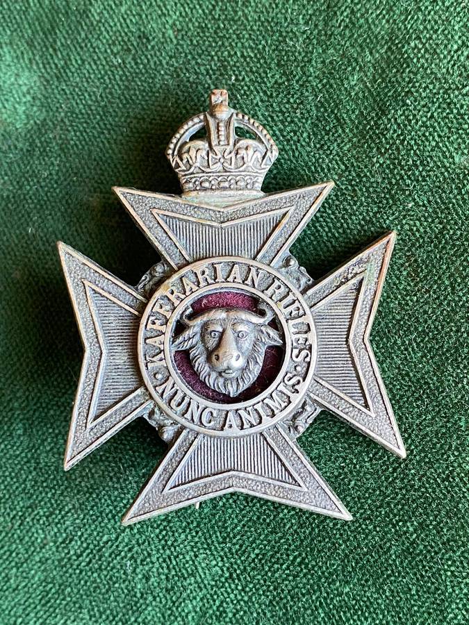 KAFFRARIAN RIFLES-BLACK METAL CAP BADGE-WORN 1902-1963-STICK PIN INTACT