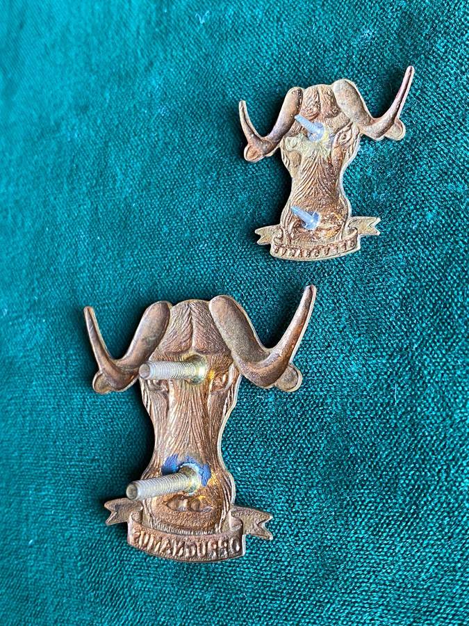REGIMENT PORT NATAL BRASS BERET BADGE AND ONE COLLAR-ISSUED 1971-LUGS + PINS INTACT