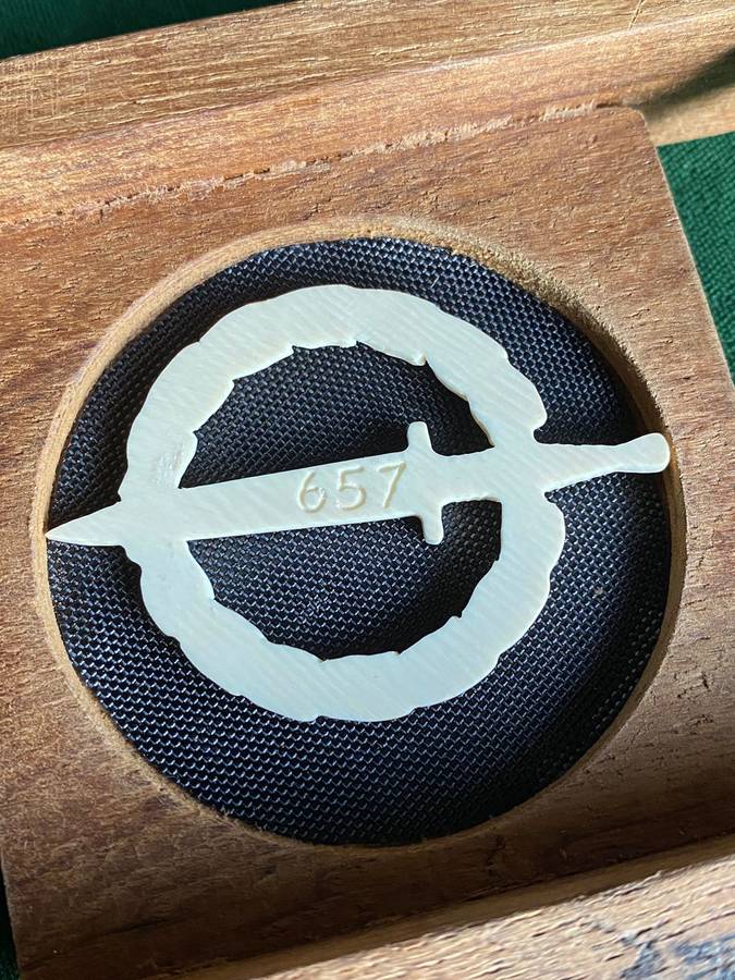 NUMBERED 657 IVORY OPERATORS BADGE IN ORIGINAL FOLDING WOODEN BOX-THESE BADGES HAD NO PINS