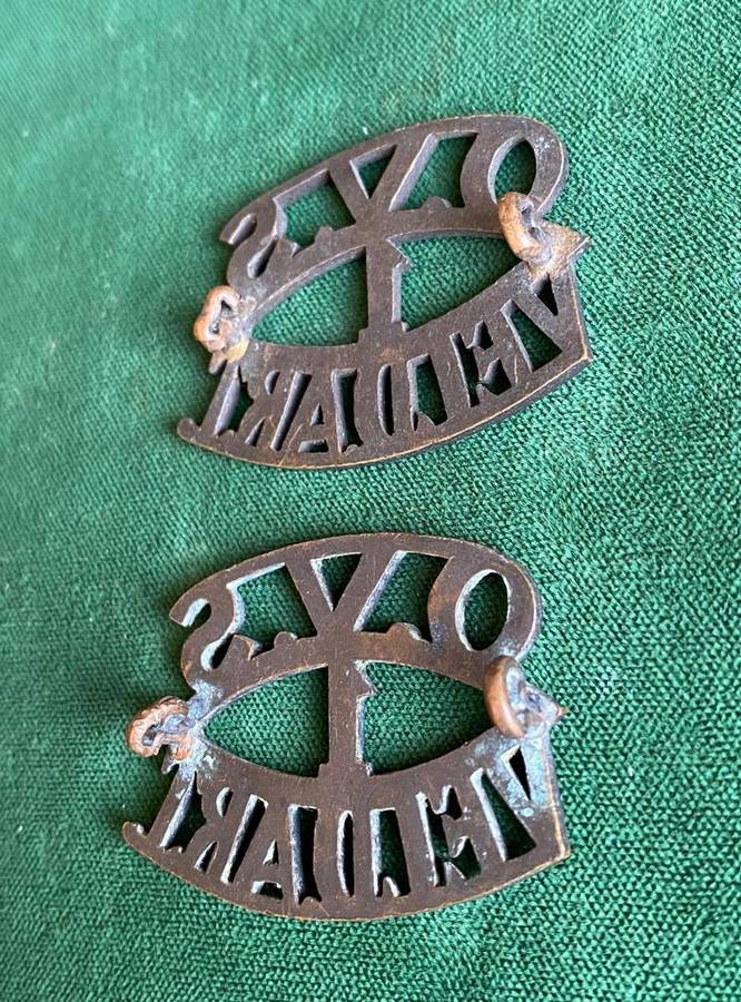 FIRST (BLOEMFONTEIN) BATTERY O.F.S. FIELD ARTILLERY TITLE PAIR-WORN DURING 1930'S-BLACKENED BRASS-AL