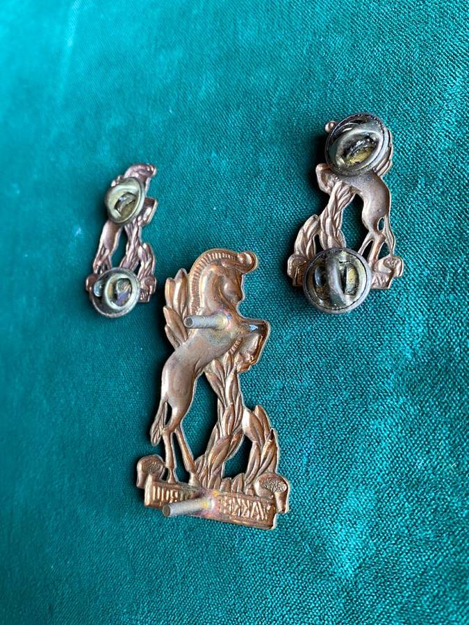 REGT. BLOEMSPRUIT GILDING METAL CAP AND COLLARS-WORN POST 1966-PINS + LUGS-COMPLETE