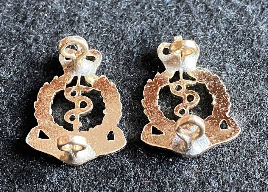 RHODESIA ARMY MEDICAL CORPS Q/C ANODISED COLLAR BADGE PAIR-WORN 1965-1972-LUGS INTACT