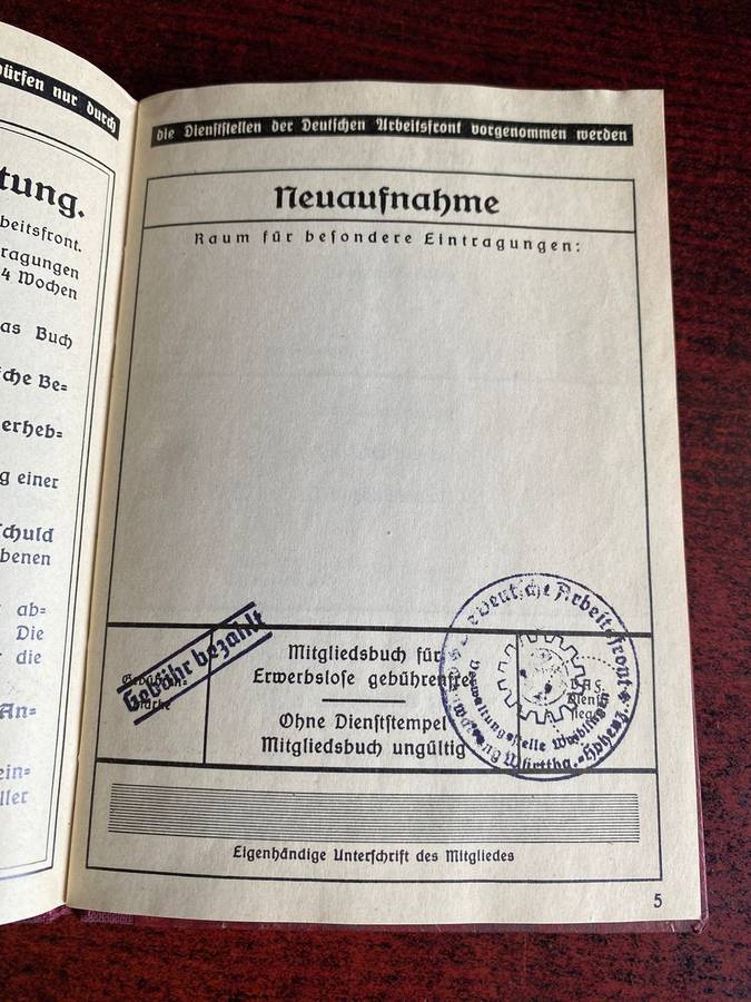 German Membership Book for the Deutsche Arbeitsfront (DAF) - German Labour Front