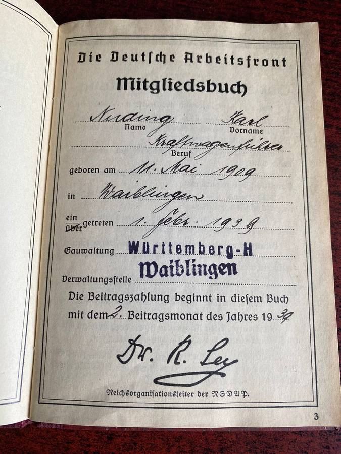 German Membership Book for the Deutsche Arbeitsfront (DAF) - German Labour Front