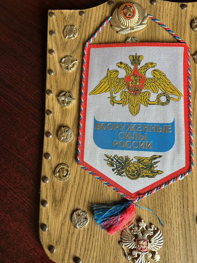 RUSSIAN COLLAR CORPS BADGES PRESENTED TO COL. DES RADMORE BY THE DEPUTY MILITARY ATTACHE,RUSSIAN EMB