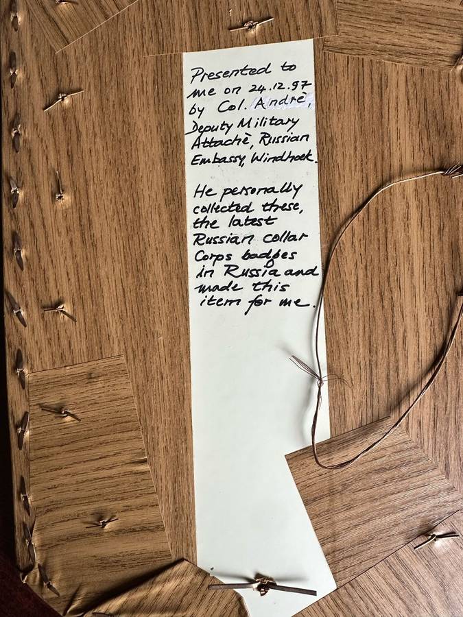 RUSSIAN COLLAR CORPS BADGES PRESENTED TO COL. DES RADMORE BY THE DEPUTY MILITARY ATTACHE,RUSSIAN EMB