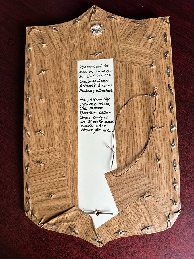 RUSSIAN COLLAR CORPS BADGES PRESENTED TO COL. DES RADMORE BY THE DEPUTY MILITARY ATTACHE,RUSSIAN EMB