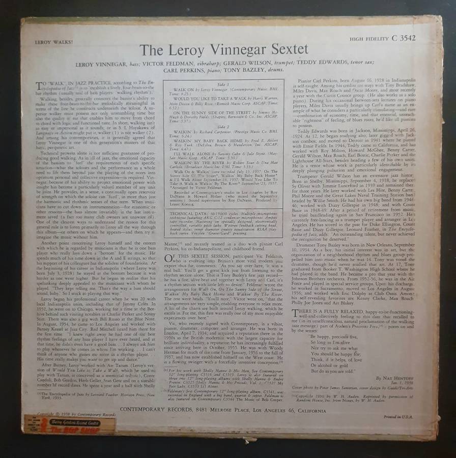 Leroy Vinnegar Sextet - Leroy Walks! LP Vinyl Record - USA Pressing