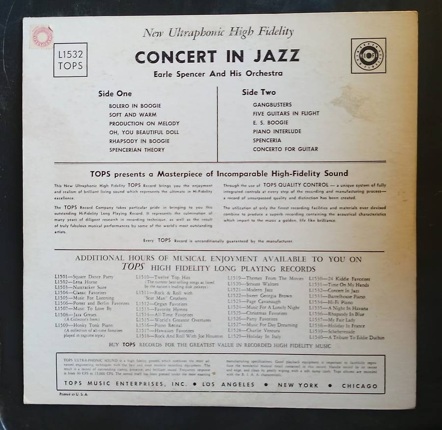 Earle Spencer and His Orchestra - Concert In Jazz LP Vinyl Record - USA Pressing