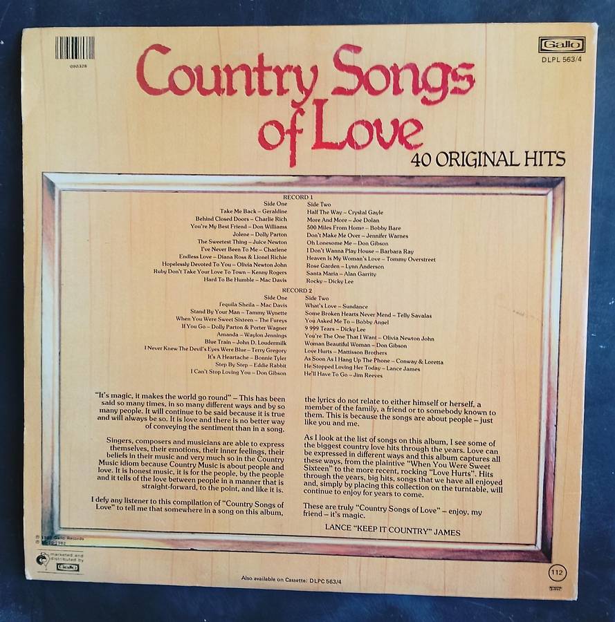 Country Songs of Love - 40 Original Hits Double LP Vinyl Record Set