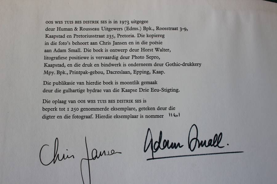 OOS WES TUIS BES. Distrik Ses. Chris Jansen & Adam Small. Beperkte getekende oplaag.