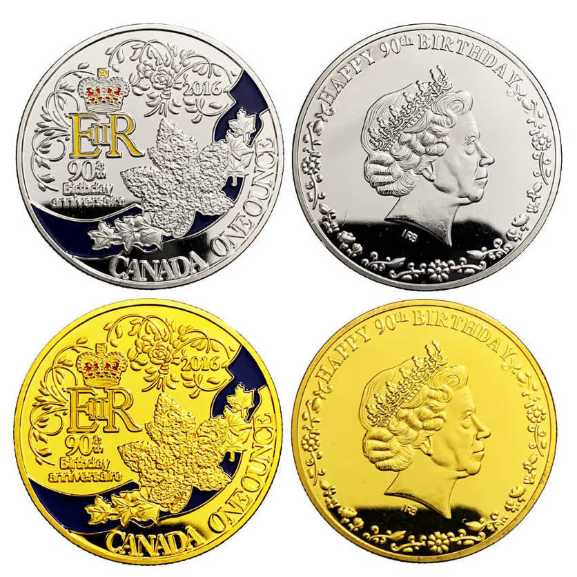 Canada QEII 90th Birthday - Golden Maple Leaf & Crown Gold & Silver Plated Set