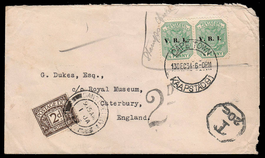SOUTH AFRICA 1934 COVER TO UK FRANKED VRI ½d PAIR, ENDORSED STAMPS OBSOLETE, TAX MARKS AND GB TAX ST