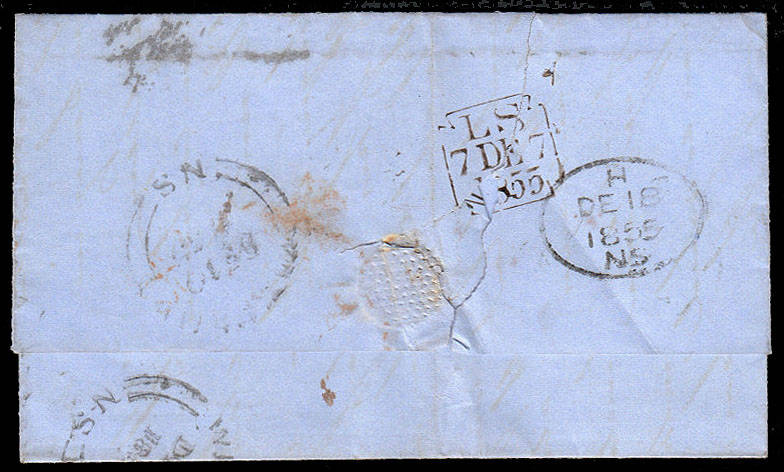 GB 1856 COVER TO NOVA SCOTIA FRANKED 1854 IMPERF 6d MAUVE TOUCHING TOP & LEFT FINE USED. SG 58 £1900