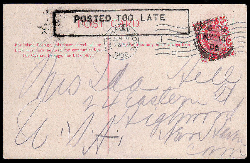 TRANSVAAL 1906 VERY FINE BOXED 'POSTED TOO LATE 1' ON POSTCARD FROM JOHANNESBURH TO USA
