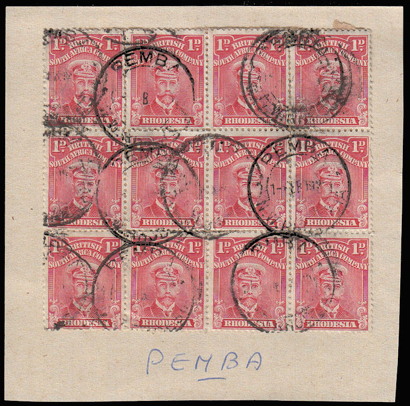 RHODESIA 1913 ADMIRALS 1d RED SHADE PERF 14 BLOCK OF OF 16 WITH PEMBA CANCELS. SCARCE MULTIPLE