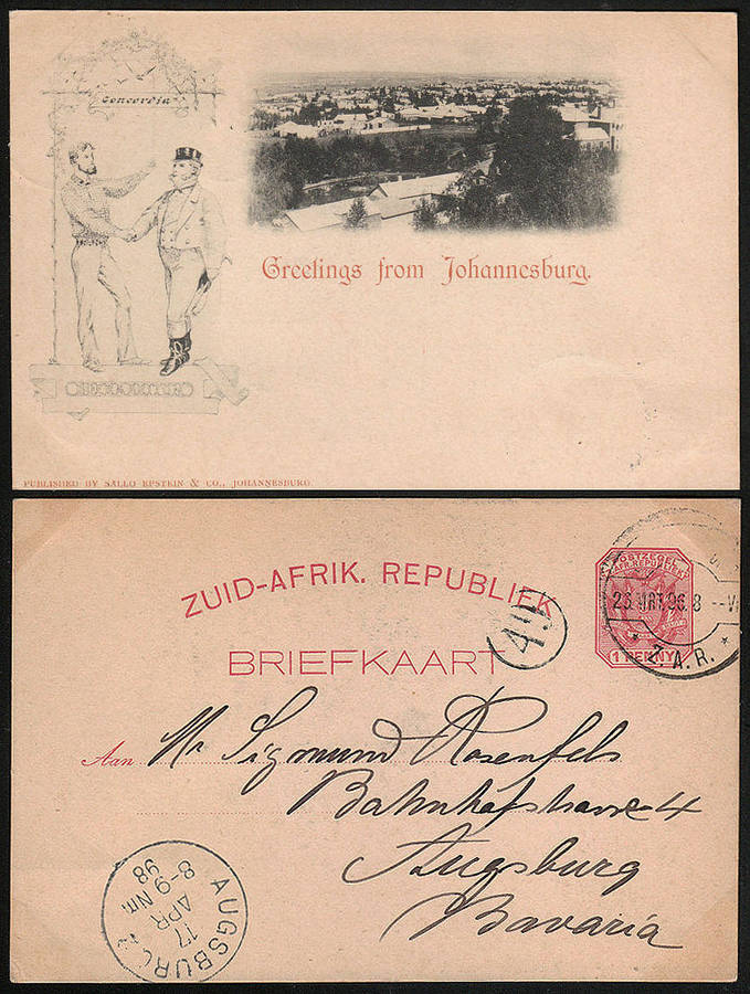 TRANSVAAL 1898 (MRT 23) GREETINGS FROM JOHANNESBURG - BOER AND BRITAIN ILLUSTR PS CARD TO GERMANY