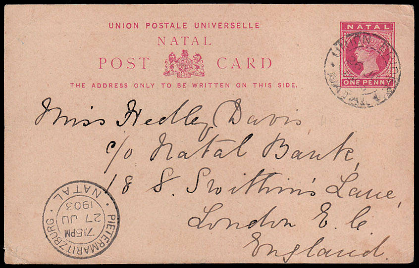 NATAL 1903 QV 1d PS PCARD WITH SCARCE "UNION BRIDGE" PMK, REVERSE 3 VIEWS LADYSMITH BOER WAR PERIOD