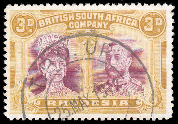 RHODESIA BSAC VERY FINE "T.P.O. UP 25 MAY 1912" POSTMARK ON 3d PERF 14 DOUBLE HEAD
