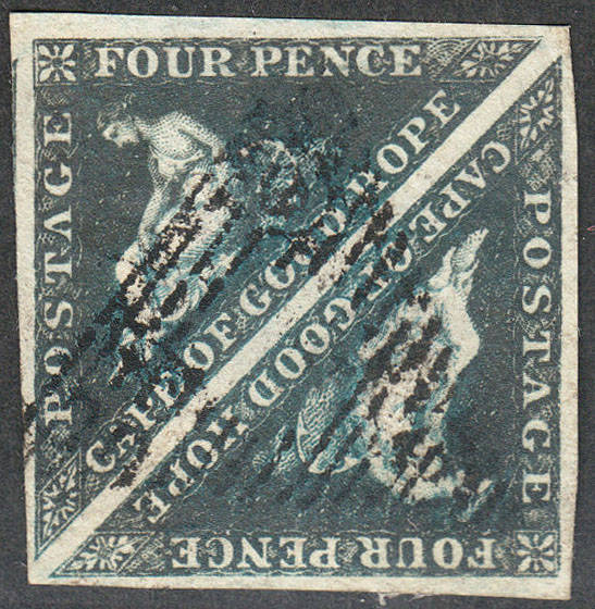 C.G.H. 1855 TRIANGULARS 4d BLUE USED PAIR, FINE MARGINS BUT COLOUR SOMEWHAT OXYDIXZED SACC 6 (?)