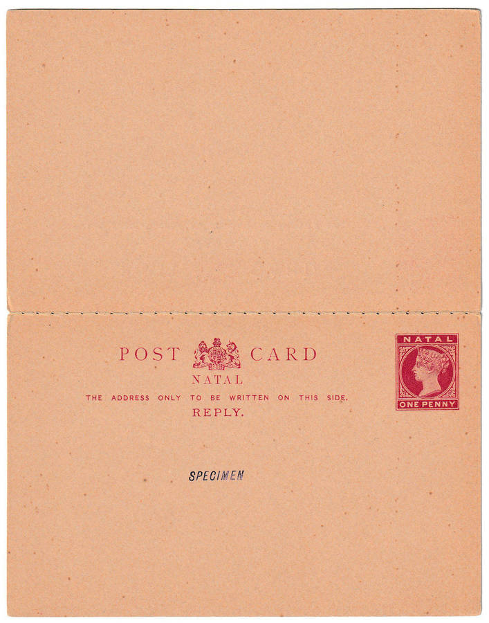 NATAL 1891 POSTAL STATIONERY 1d+1d REPLY PAID CARD COMPLETE, HANDSTAMPED SPECIMEN. VERY FINE UNUSED.