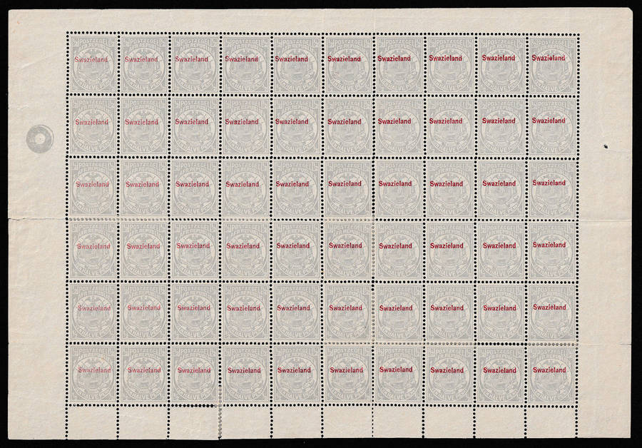 TRANSVAAL 1892 OVPT SWAZIELAND IN RED FULL PANE OF 60 STAMPS MINT BUT PERFS SPLITTING. SACC 9 R21000