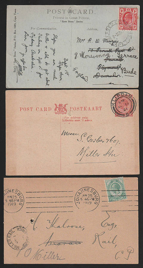 UNION 1912-20 THREE POSTCARDS CANCELLED WITH ALFRED DOCKS, KLIPDAM AND MILLER STATION (ARRIVAL)