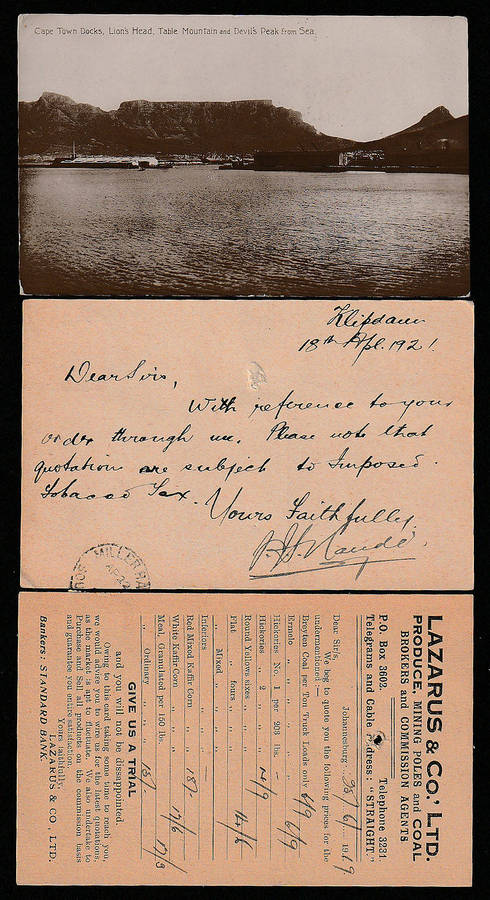 UNION 1912-20 THREE POSTCARDS CANCELLED WITH ALFRED DOCKS, KLIPDAM AND MILLER STATION (ARRIVAL)