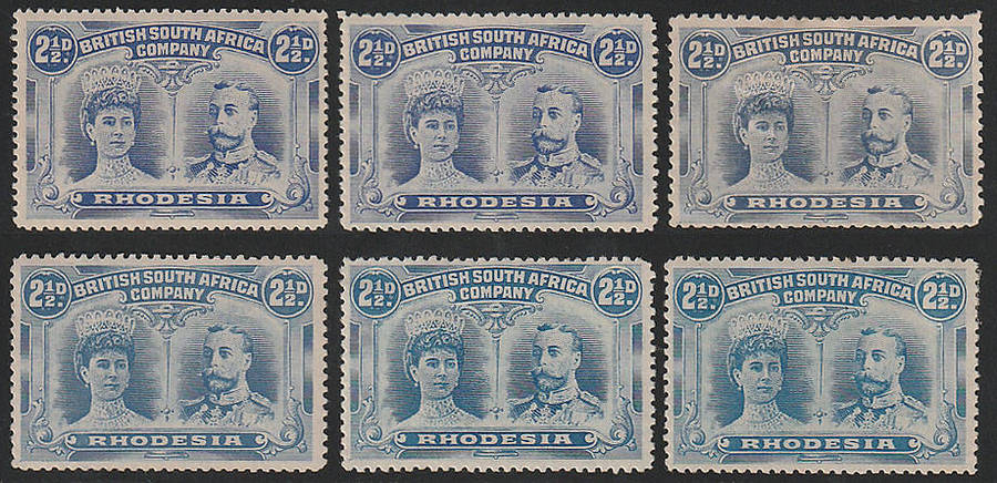 RHODESIA 1910 DOUBLE HEADS, 2½d SELECTION OF SHADES INCL PERF 15 AND 13½ MOSTLY LMM