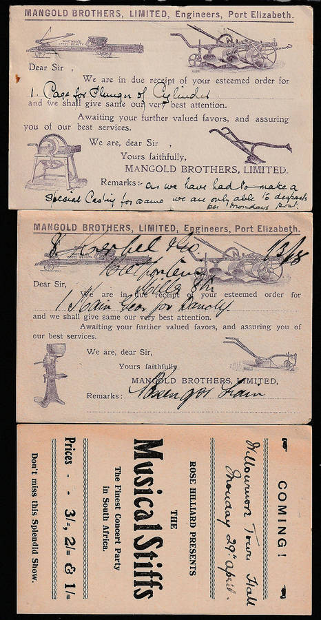 UNION 1920's CGH RANGE OF 3 FINE COMMERCIALLY ILLUSTRATED ½d POSTCARD to RIETFONTEIN/MILLER STATION.
