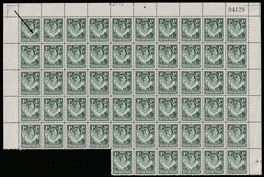 NORTHERN RHODESIA 1938 KGVI 1d GREEN WITH PLATE AND SHEET NUMBERS MARGIN BLOCK OF 56  VERY FINE MNH.