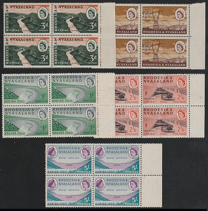 RHODESIA & NYASALAND 1960 KARIBA DAM 5 VALUES (NO 1s3) IN MARGINAL BLOCKS OF 4 VERY FINE MNH