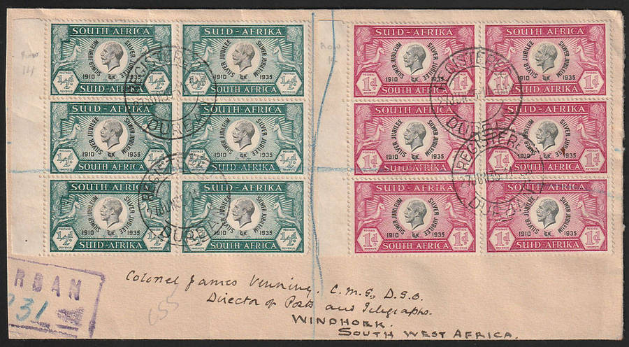 UNION 1935 SILVER JUBILEE ½d AND 1d BLOCKS OF 6 WITH VARIETIES ON COVER DURBAN-WINDHOEK. SEE BELOW