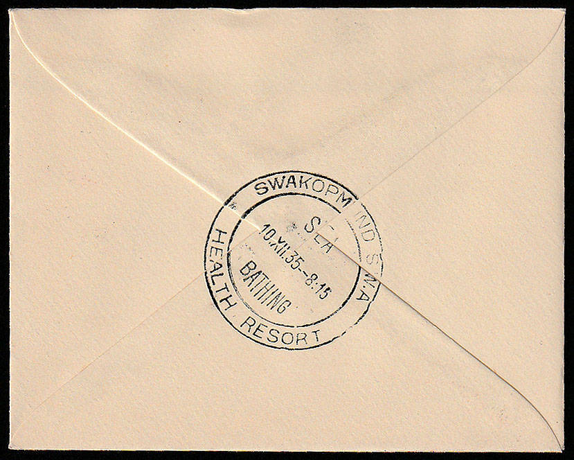 SWA 1935 (DEC 9) SPECIAL FLIGHT WINDHOEK TO SWAKOPMUND WITH PROMOTIONAL AIRMAIL CACHET. BACK STAMPED